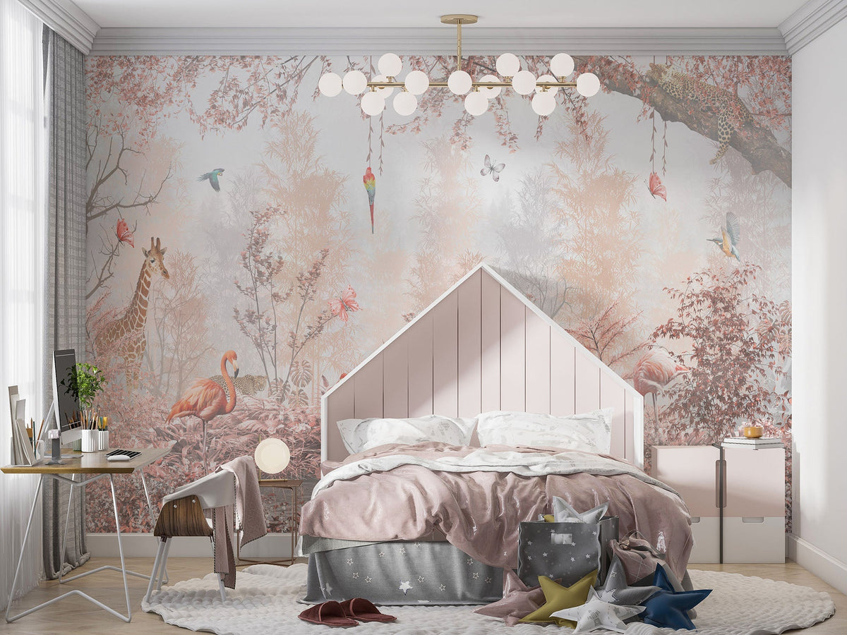 Tapet Personalizat Jungla Amazoniana cu padure in nuante de roz cu flamingo si animale exotice - WARM PINK FOREST