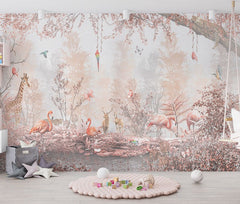 Tapet Personalizat Jungla Amazoniana cu padure in nuante de roz cu flamingo si animale exotice - WARM PINK FOREST