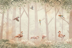 Tapet Personalizat Jungla Amazoniana cu padure, papagali si flamingo - BIRD'S FOREST NEST