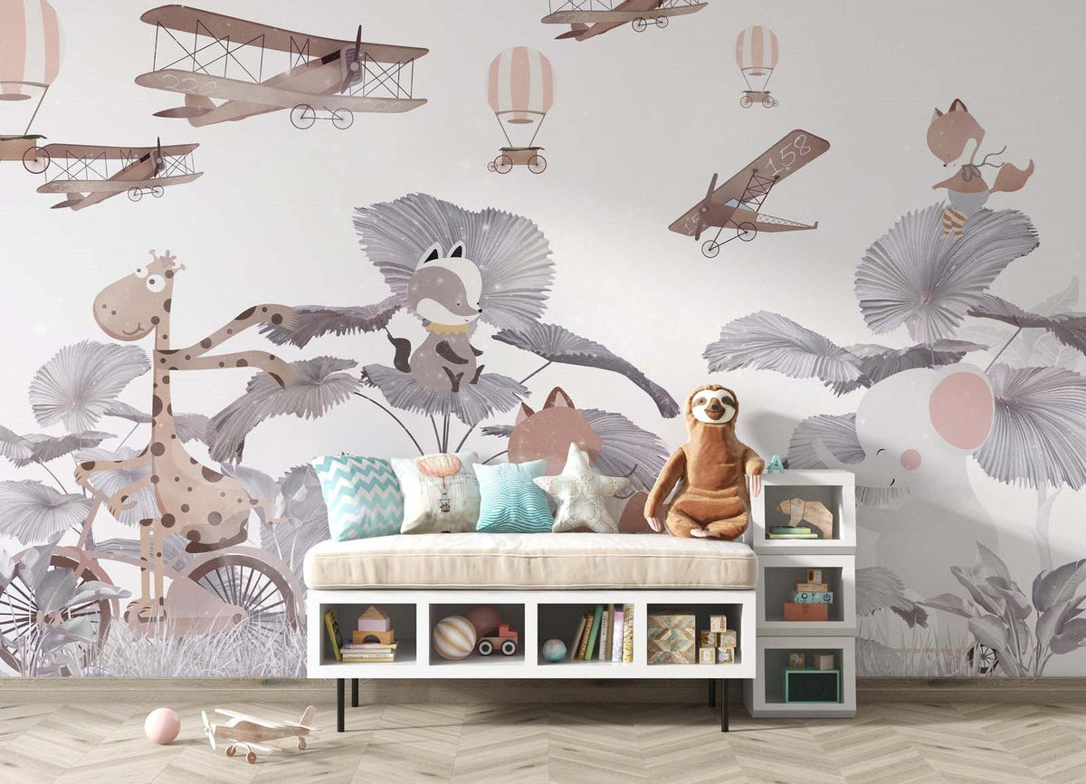 Tapet Personalizat Jungla Amazoniana cu animalute printre palmieri gri si avioane pe cer - CROWDED JUNGLE