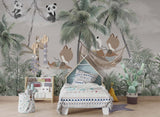 Tapet Personalizat Jungla Amazoniana cu jungla tropicala, animale in hamac si cer innorat - CLOUDY JUNGLE ANIMALS