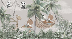Tapet Personalizat Jungla Amazoniana cu jungla tropicala, animale in hamac si cer innorat - CLOUDY JUNGLE ANIMALS