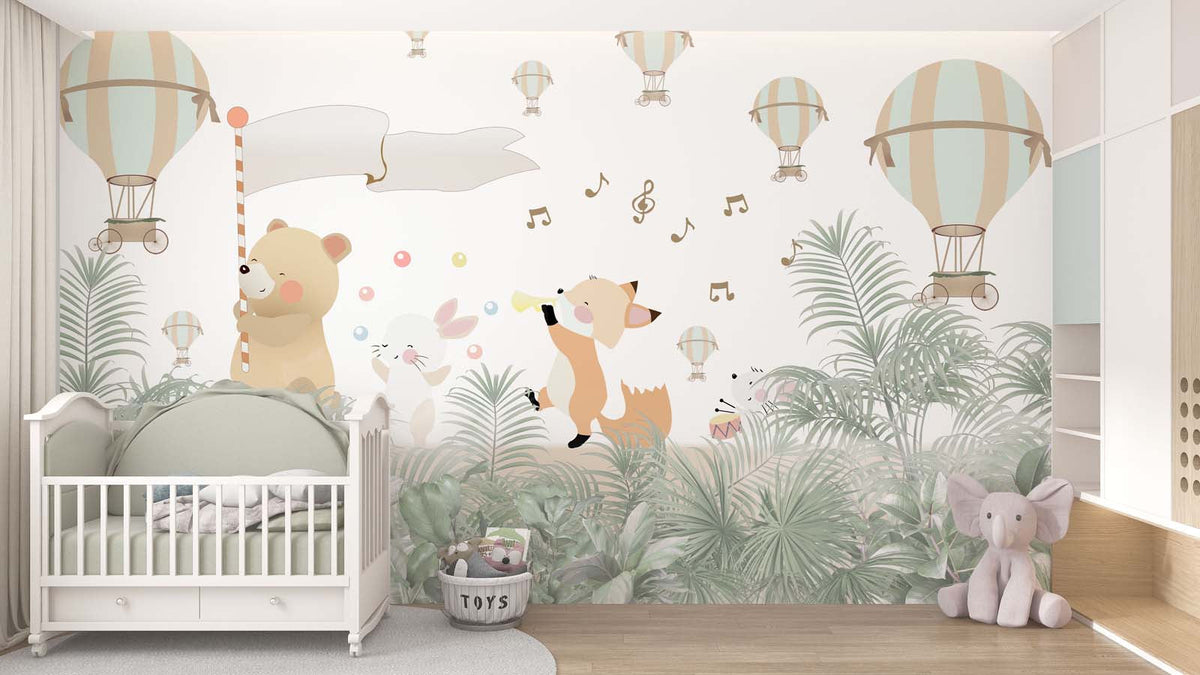 Tapet Personalizat Jungla Amazoniana cu animale cantand prin padurea tropcala si baloane cu aer cald pe cer - MUSICAL JUNGLE MARCH