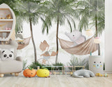 Tapet Personalizat Jungla Amazoniana cu animale in hamace maro in padurea de palmieri  - BROWN HAMMOCK TIME