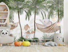Tapet Personalizat Jungla Amazoniana cu animale in hamace maro in padurea de palmieri  - BROWN HAMMOCK TIME
