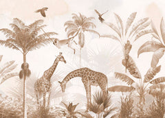 Tapet Personalizat Jungla Amazoniana cu girafe si pasari in jungla sepia - SEPIA REALIST JUNGLE