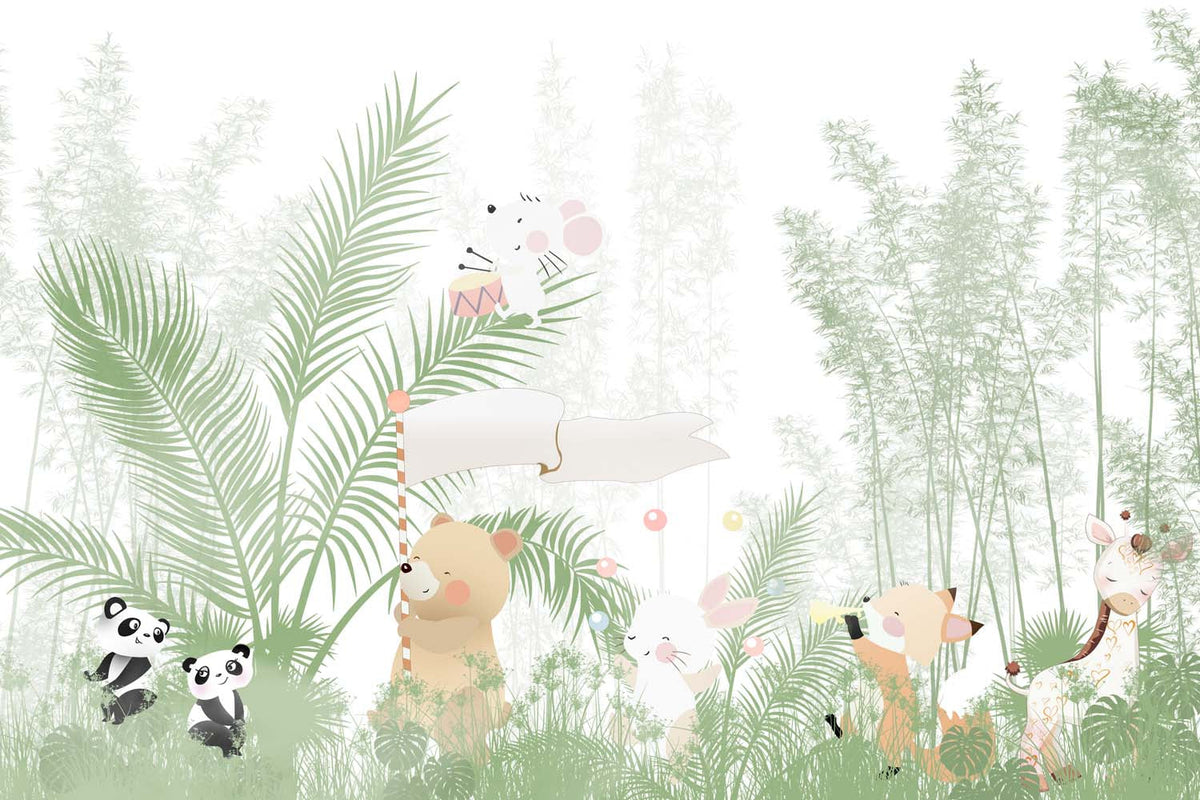 Tapet Personalizat Jungla Amazoniana cu padure de bambusi si palmieri si animale care canta la instrumente - GREEN MUSICAL MARCH