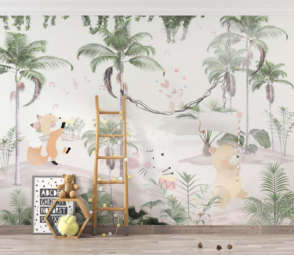 Tapet Personalizat Jungla Amazoniana cu animale care canta si jongleaza printre palmieri - MUSICAL PALMS