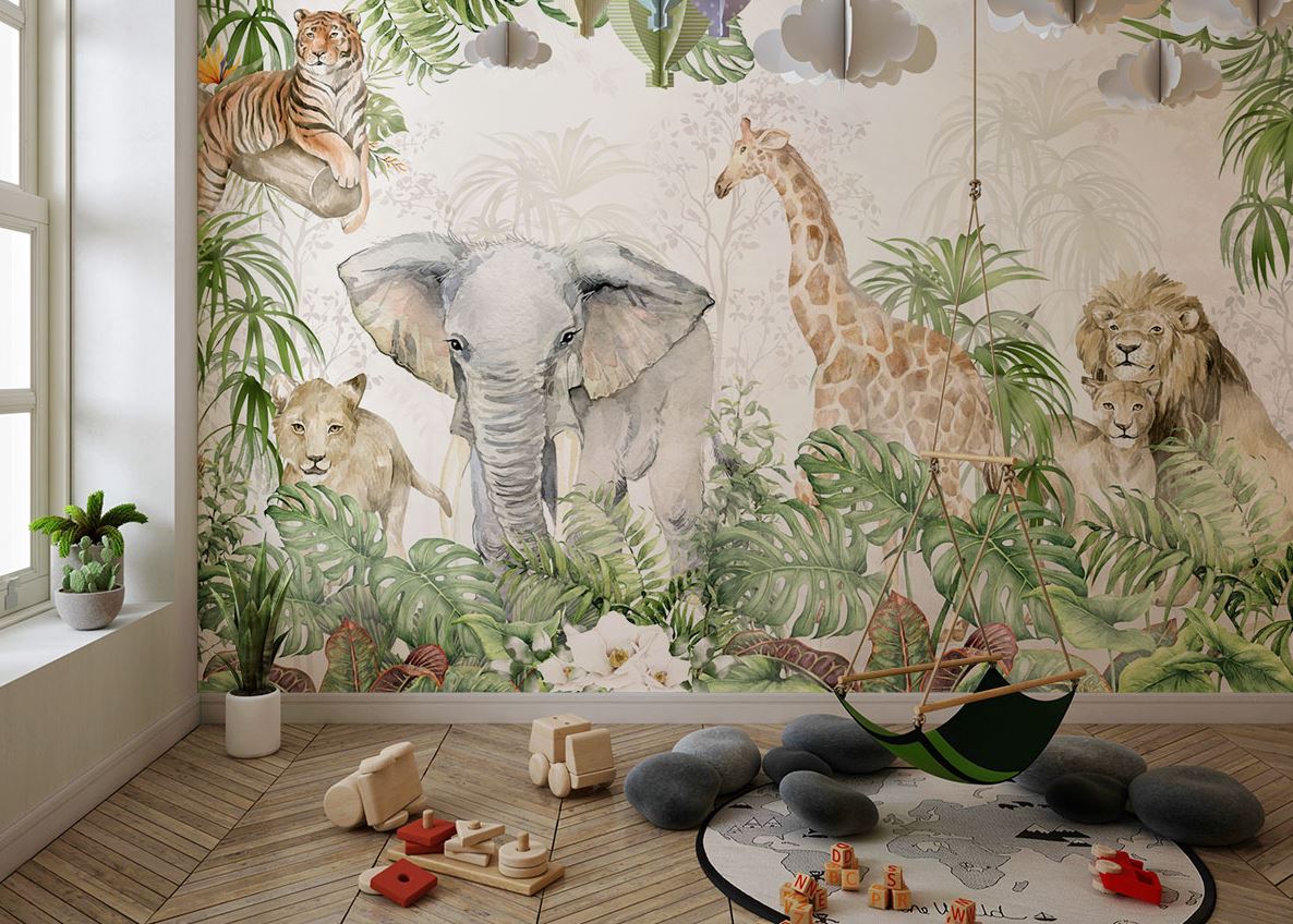 Tapet Personalizat Jungla Amazoniana cu ilustratie tropicala cu lei, leoparzi, elefanti si girafe in vegetatie densa - WATERCOLOR SAFARI ANIMALS