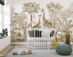 Tapet Personalizat Jungla Amazoniana cu girafe si vegetatie tropicala in nuante sepia - SEPIA GIRAFFE