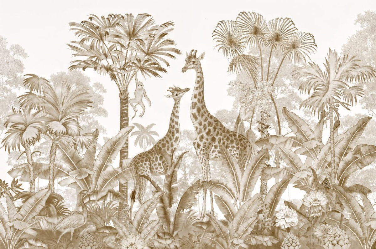 Tapet Personalizat Jungla Amazoniana cu girafe si vegetatie tropicala in nuante sepia - SEPIA GIRAFFE