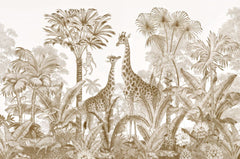 Tapet Personalizat Jungla Amazoniana cu girafe si vegetatie tropicala in nuante sepia - SEPIA GIRAFFE