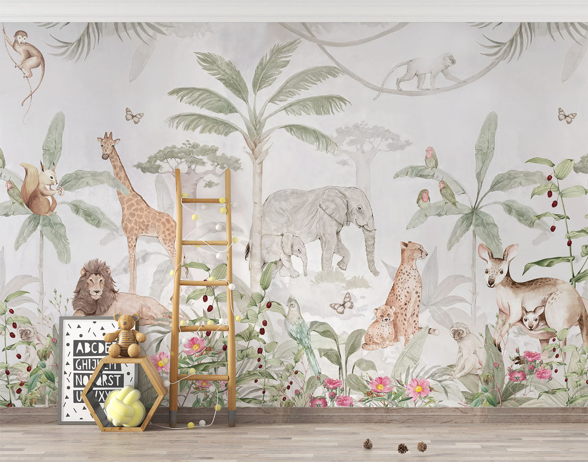 Tapet Personalizat Jungla Amazoniana cu padure tropicala inflorita si animale salbatice - WATERCOLOR EXOTIC ANIMALS
