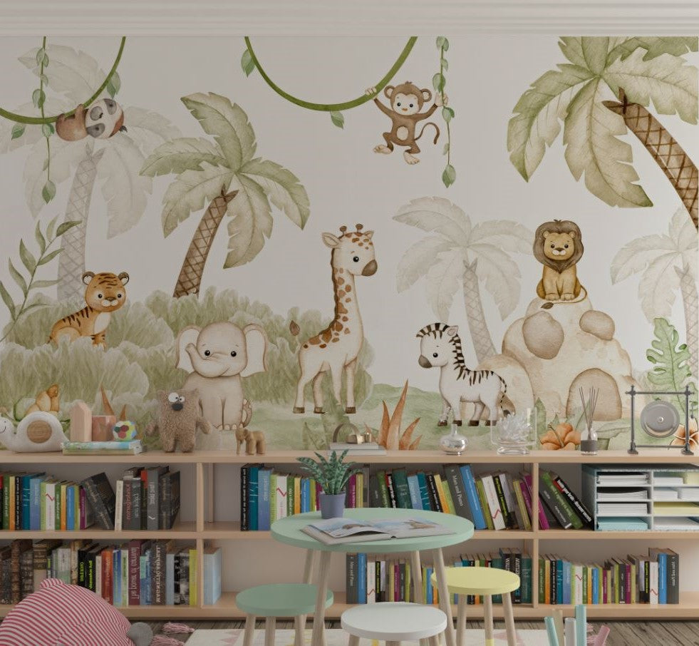 Tapet Personalizat Jungla Amazoniana cu pui de animalute in ilustratie watercolor in nuante calde - WATERCOLOR BABY ANIMALS