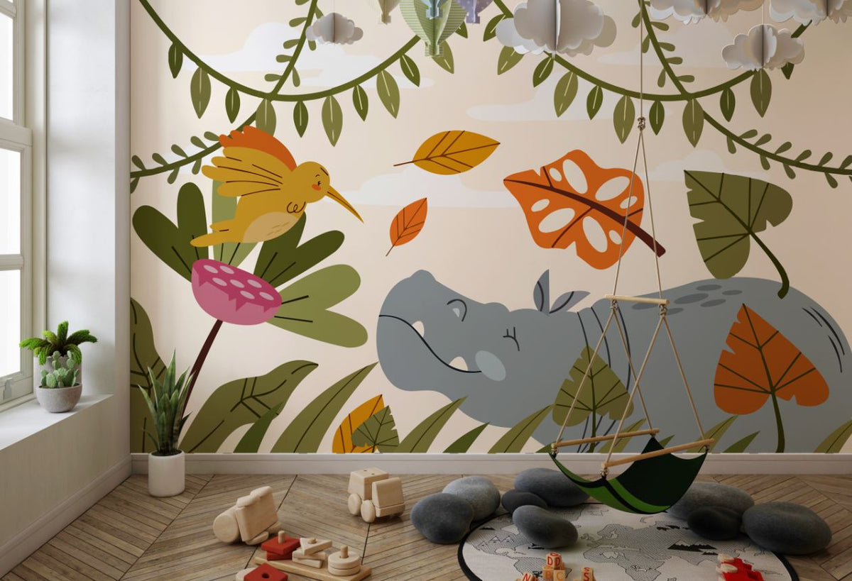 Tapet Personalizat Jungla Amazoniana cu ilustratie in stil boho colorata cu hipopotam si pasarea colibri  - BOHO ANIMALS