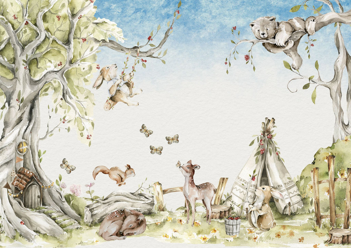 Tapet personalizat lumea animalelor pentru copii watercolor cu iepurasi caprioare fluturi si ursi intr un peisaj natural de poveste bunny tribe