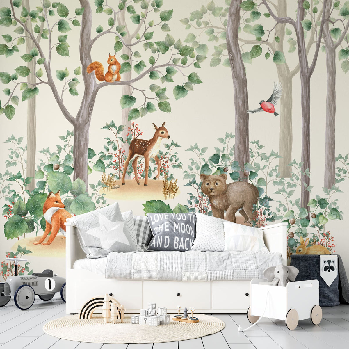 Tapet personalizat lumea animalelor pentru copii cu padure de conifere cu animale printre care vulpi iepurasi veverite ursi si pasari fairytale forest