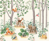 Tapet personalizat lumea animalelor pentru copii cu padure de conifere cu animale printre care vulpi iepurasi veverite ursi si pasari fairytale forest
