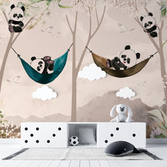 Tapet personalizat lumea animalelor pentru copii cu ursi panda in hamac intr un peisaj montan tropical panda's paradise