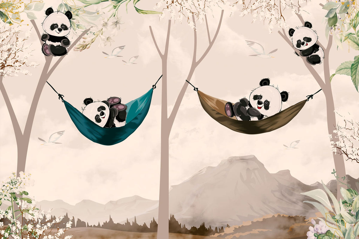 Tapet personalizat lumea animalelor pentru copii cu ursi panda in hamac intr un peisaj montan tropical panda's paradise