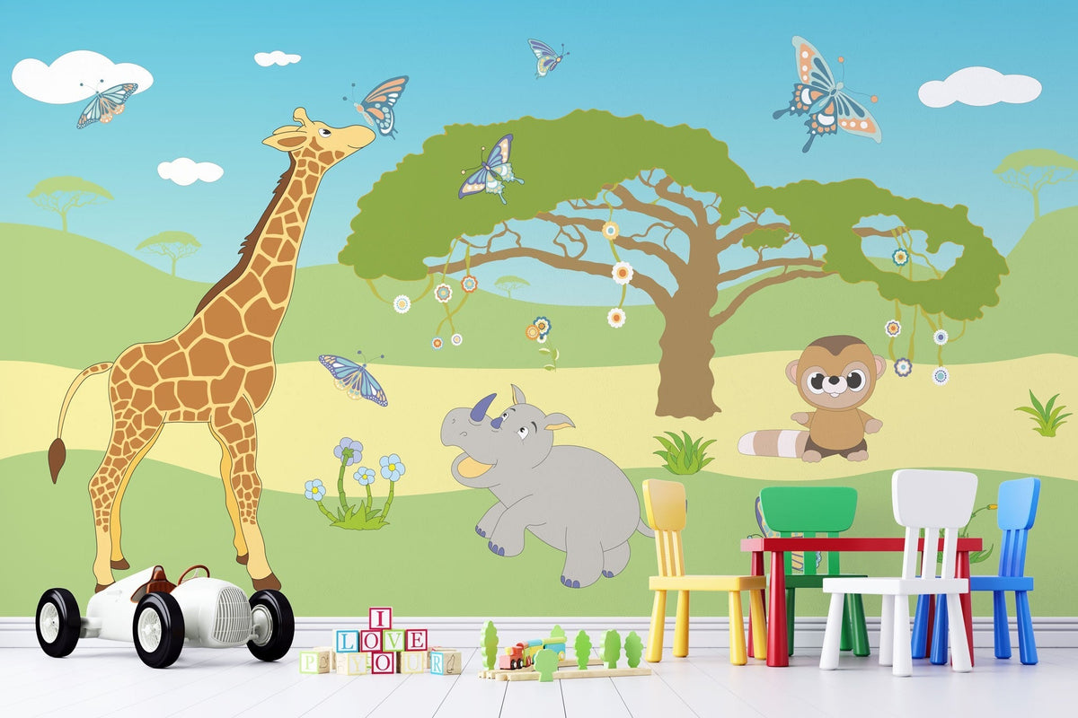 Tapet personalizat lumea animalelor pentru copii cu peisaj natural ilustrat girafe hipopotami maimute si fluturi colorati colorplay