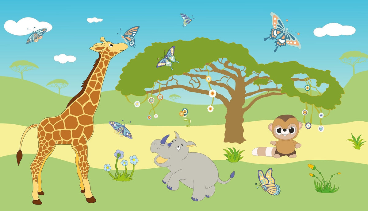 Tapet personalizat lumea animalelor pentru copii cu peisaj natural ilustrat girafe hipopotami maimute si fluturi colorati colorplay