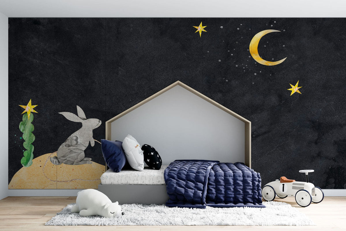 Tapet personalizat lumea animalelor pentru copii cu iepuras in noapte uitandu se la luna night bunny
