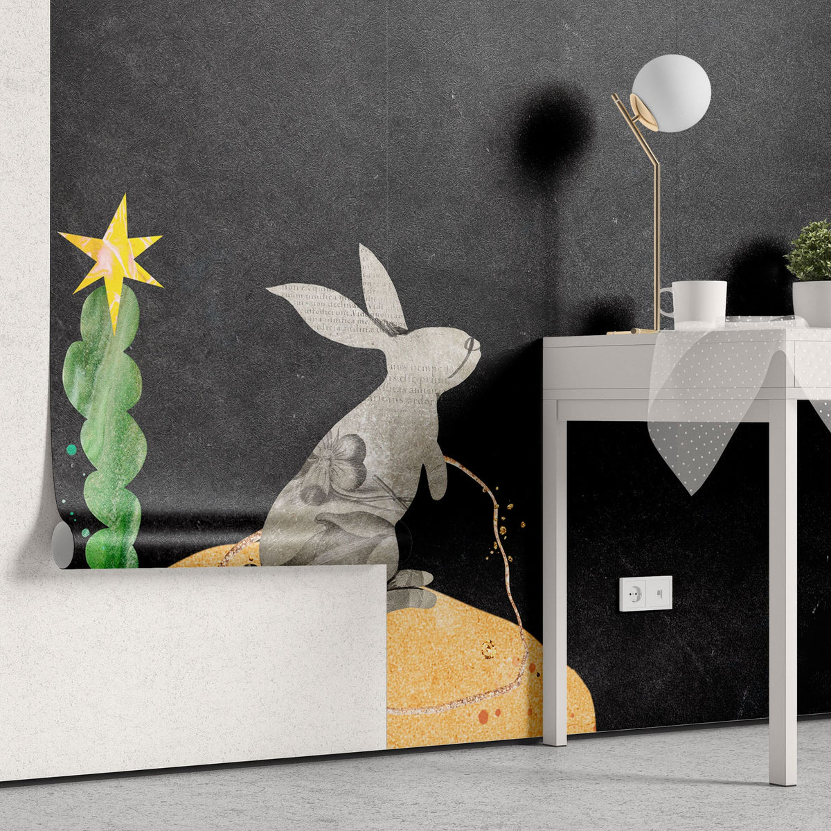 Tapet personalizat lumea animalelor pentru copii cu iepuras in noapte uitandu se la luna night bunny
