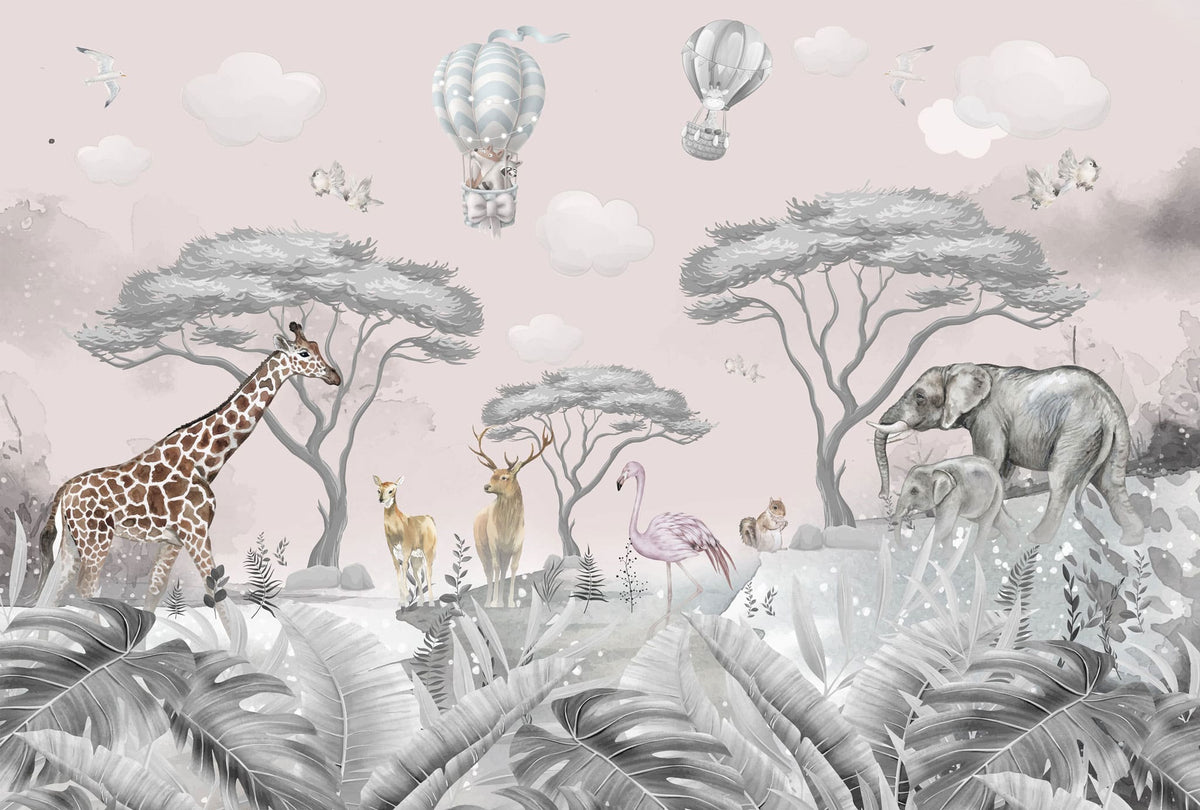Tapet personalizat lumea animalelor pentru copii cu jungla gri cu cer roz pastel si girafe cerbi caprioare elefanti flamingo veverite pasari si baloane cu aer cald pastel pink jungle