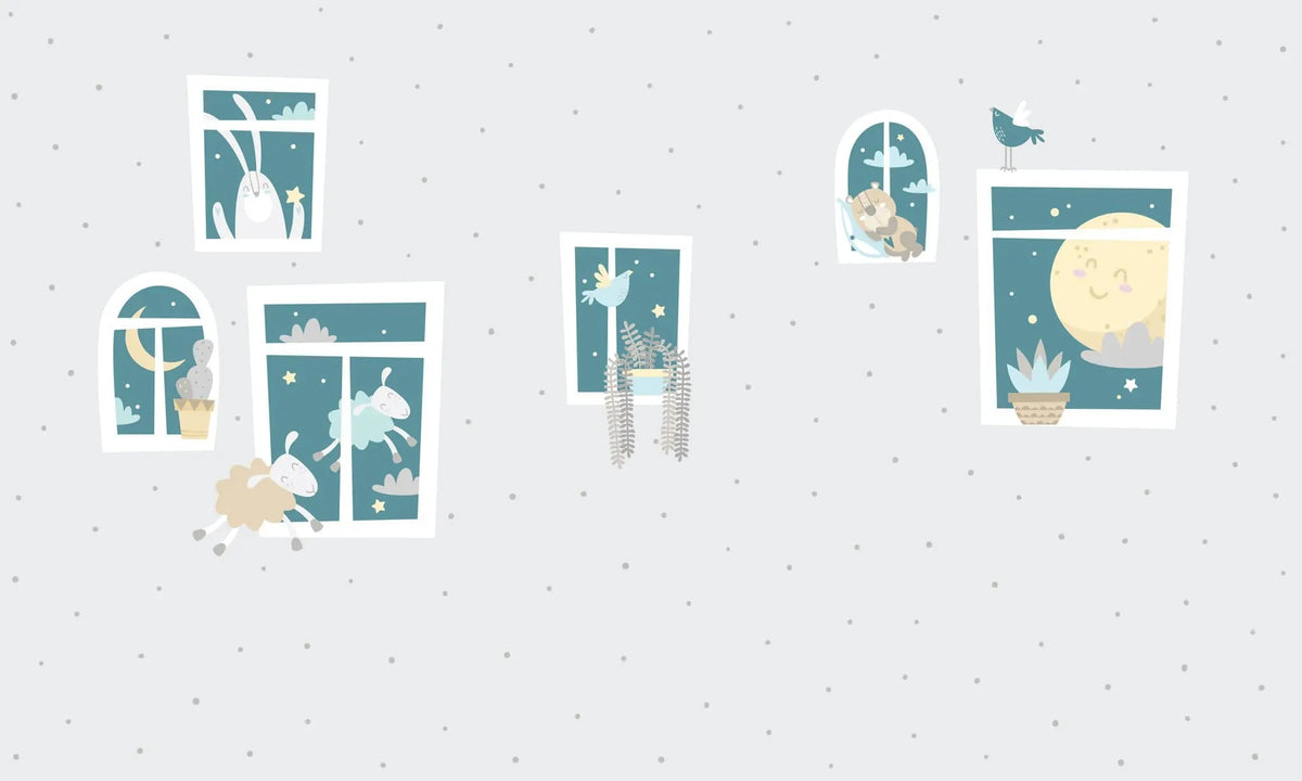 Tapet personalizat lumea animalelor pentru copii cu animale dormind la fereastra dreamy animals