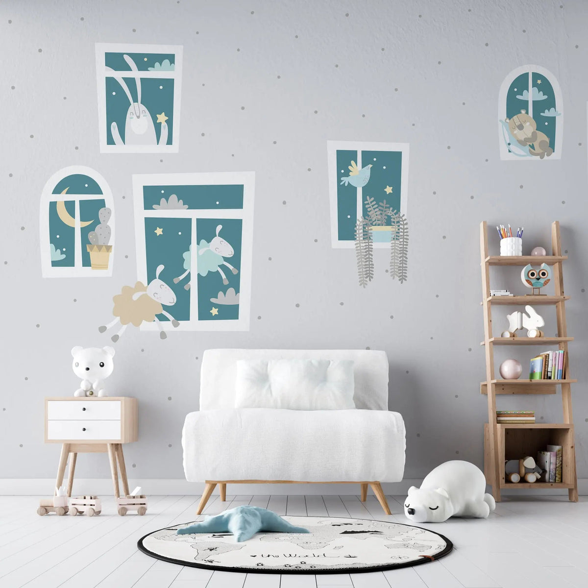 Tapet personalizat lumea animalelor pentru copii cu animale dormind la fereastra dreamy animals