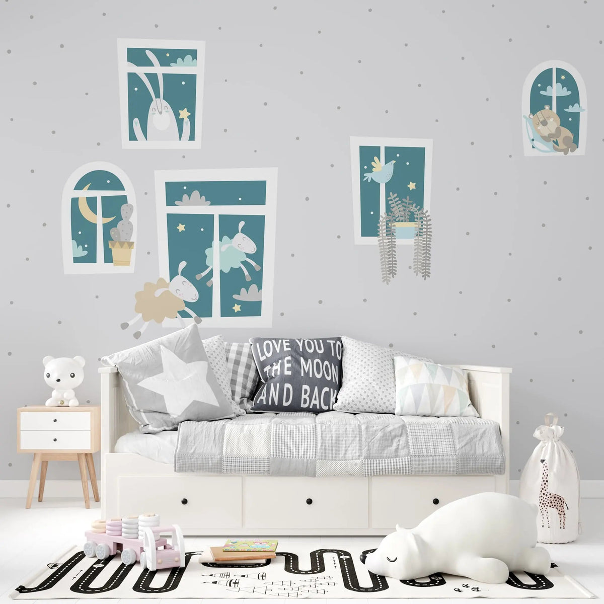 Tapet personalizat lumea animalelor pentru copii cu animale dormind la fereastra dreamy animals