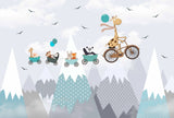 Tapet personalizat lumea animalelor pentru copii cu animale zburand deasupra muntilor over the mountains