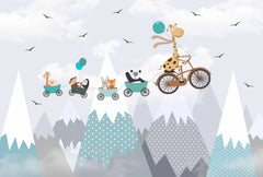 Tapet personalizat lumea animalelor pentru copii cu animale zburand deasupra muntilor over the mountains
