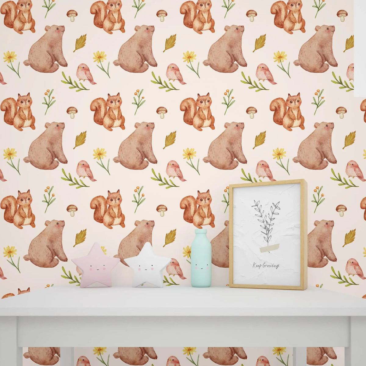 Tapet personalizat lumea animalelor pentru copii cu ursi veverite pasari frunze si flori watercolor forest animals