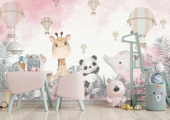 Tapet Personalizat Lumea Animalelor cu animalute in jungla tropicala roz si baloane cu aer cald - PINK SKY BALLOONS