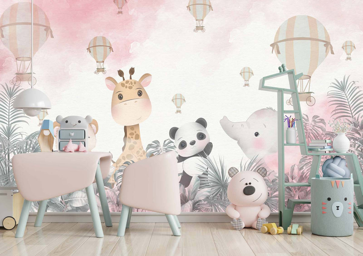 Tapet Personalizat Lumea Animalelor cu animalute in jungla tropicala roz si baloane cu aer cald - PINK SKY BALLOONS
