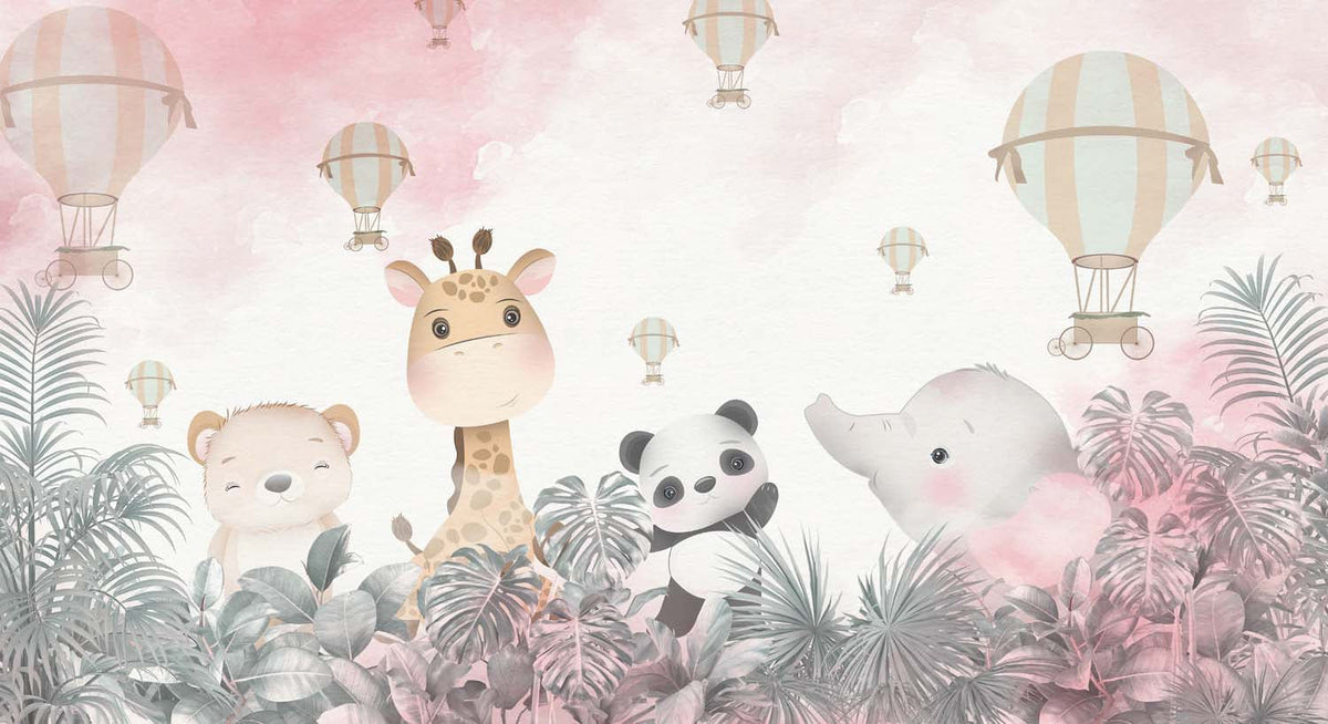 Tapet Personalizat Lumea Animalelor cu animalute in jungla tropicala roz si baloane cu aer cald - PINK SKY BALLOONS