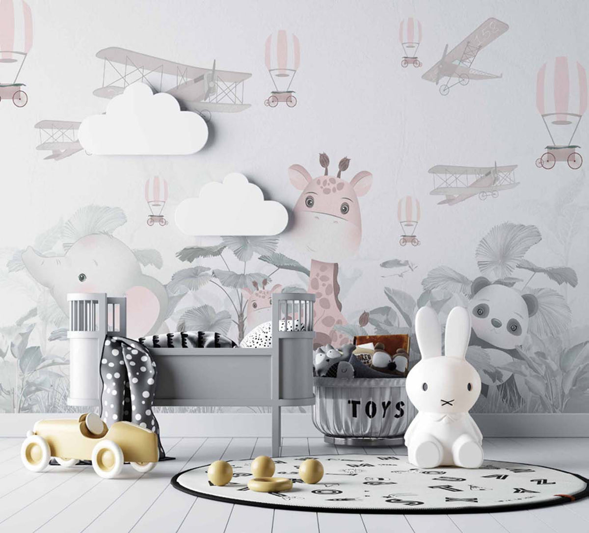 Tapet Personalizat Lumea Animalelor cu animalute in jungla tropicala cu avioane si baloane cu aer cald in nuante pastel - PASTEL CUTENESS