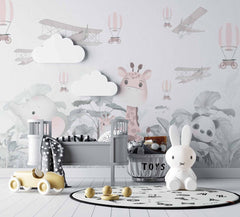 Tapet Personalizat Lumea Animalelor cu animalute in jungla tropicala cu avioane si baloane cu aer cald in nuante pastel - PASTEL CUTENESS
