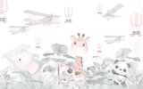 Tapet Personalizat Lumea Animalelor cu animalute in jungla tropicala cu avioane si baloane cu aer cald in nuante pastel - PASTEL CUTENESS