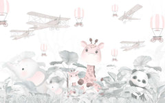 Tapet Personalizat Lumea Animalelor cu animalute in jungla tropicala cu avioane si baloane cu aer cald in nuante pastel - PASTEL CUTENESS