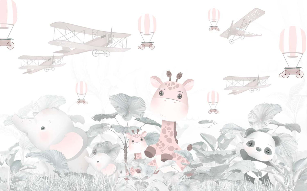 Tapet Personalizat Lumea Animalelor cu animalute in jungla tropicala cu avioane si baloane cu aer cald in nuante pastel - PASTEL CUTENESS