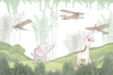 Tapet Personalizat Lumea Animalelor cu elefant si girafa intr-un camp inverzit cu copaci si avioane - GREEN FIELD ANIMALS