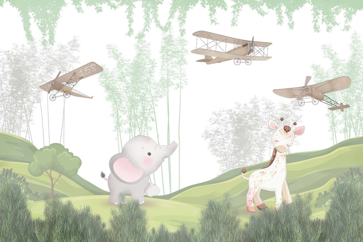 Tapet Personalizat Lumea Animalelor cu elefant si girafa intr-un camp inverzit cu copaci si avioane - GREEN FIELD ANIMALS