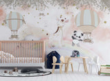 Tapet Personalizat Lumea Animalelor cu animale exotice mergand pe curcubeu printre baloane cu aer cald in nuante calde - OVER THE RAINBOW