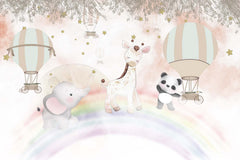 Tapet Personalizat Lumea Animalelor cu animale exotice mergand pe curcubeu printre baloane cu aer cald in nuante calde - OVER THE RAINBOW