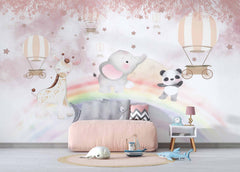 Tapet Personalizat Lumea Animalelor cu animale exotice mergand pe curcubeu printre baloane cu aer cald in nuante roz - OVER THE RAINBOW II