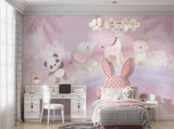 Tapet Personalizat Lumea Animalelor cu animale exotice asezate pe curcubeu pe un fundal tropical roz - PINK OVER THE RAINBOW