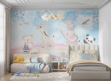 Tapet Personalizat Lumea Animalelor cu ursulet, panda, elefanti si girafa peste curcubeu printre avioane - FLYING RAINBOW